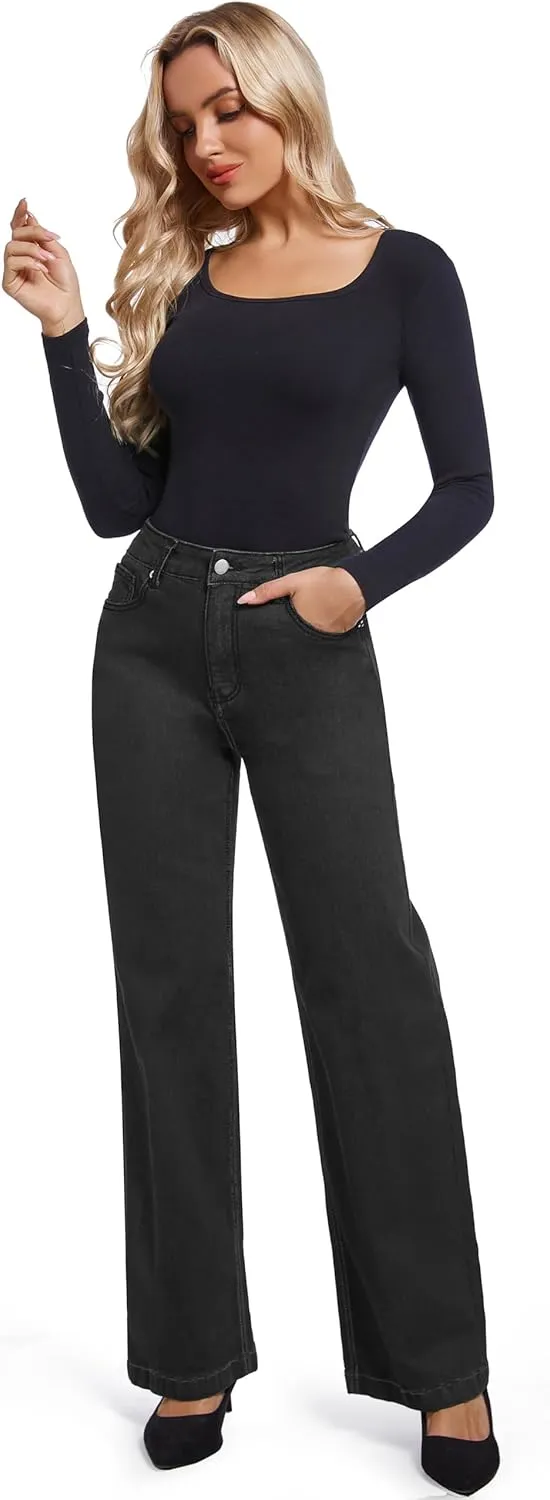 Women's Jeans Straight Leg Casual High Waisted Stretch Trendy Black Pull On Jeans for Women