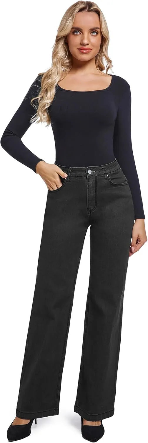 Women's Jeans Straight Leg Casual High Waisted Stretch Trendy Black Pull On Jeans for Women