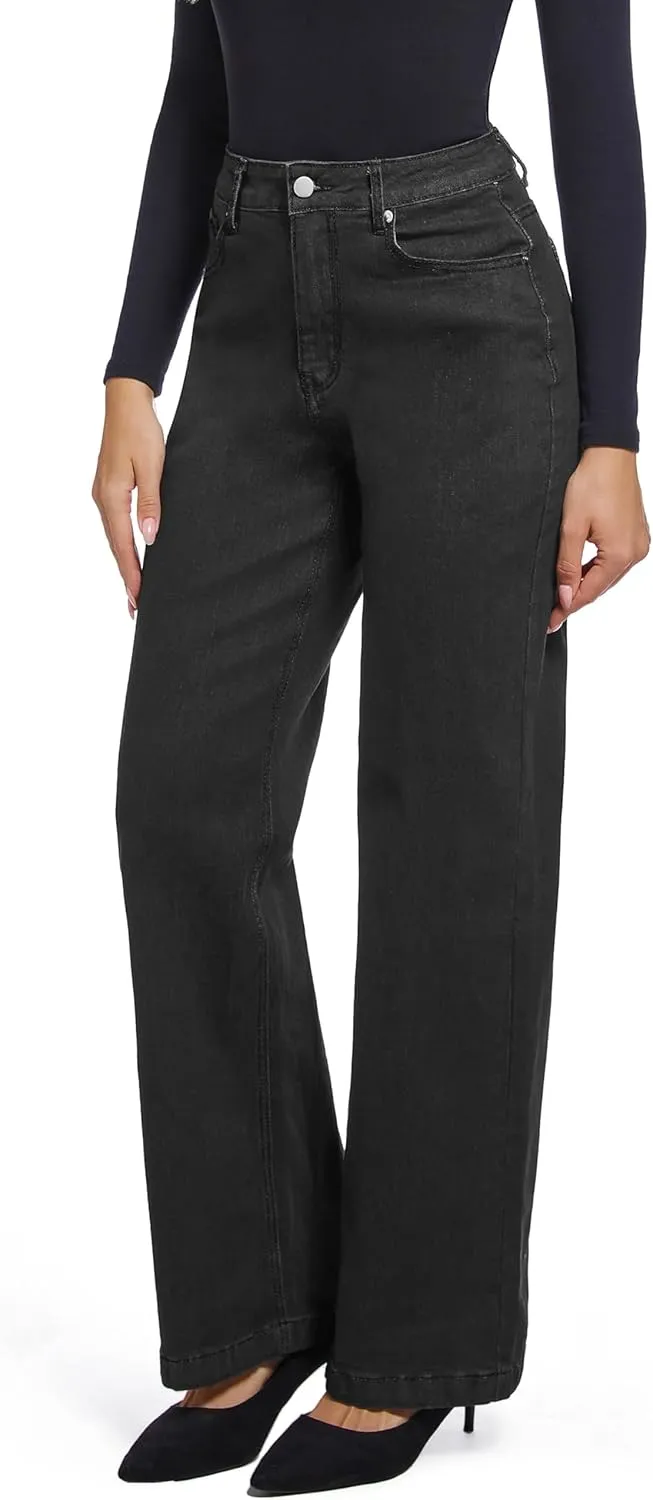 Women's Jeans Straight Leg Casual High Waisted Stretch Trendy Black Pull On Jeans for Women
