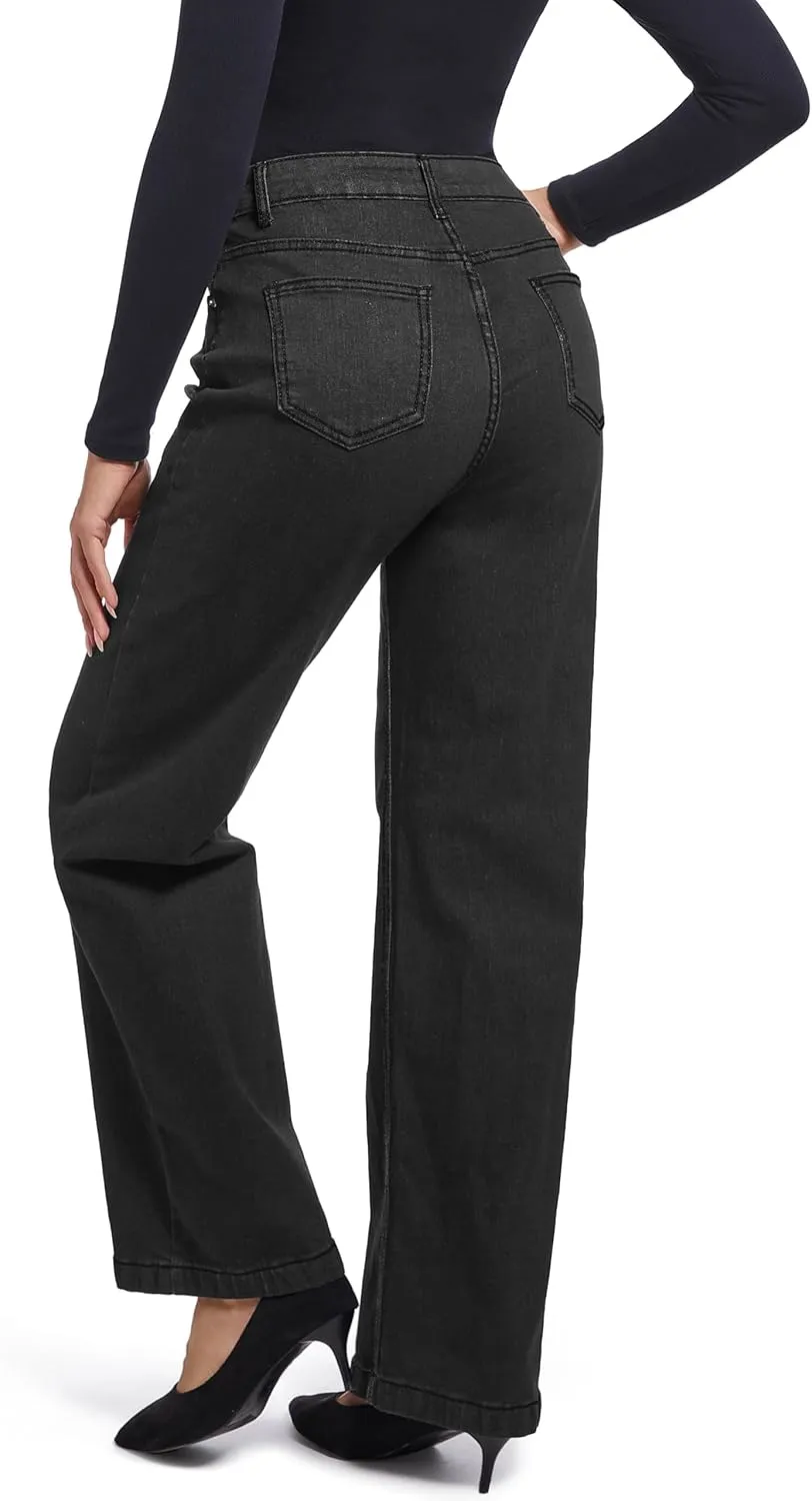 Women's Jeans Straight Leg Casual High Waisted Stretch Trendy Black Pull On Jeans for Women