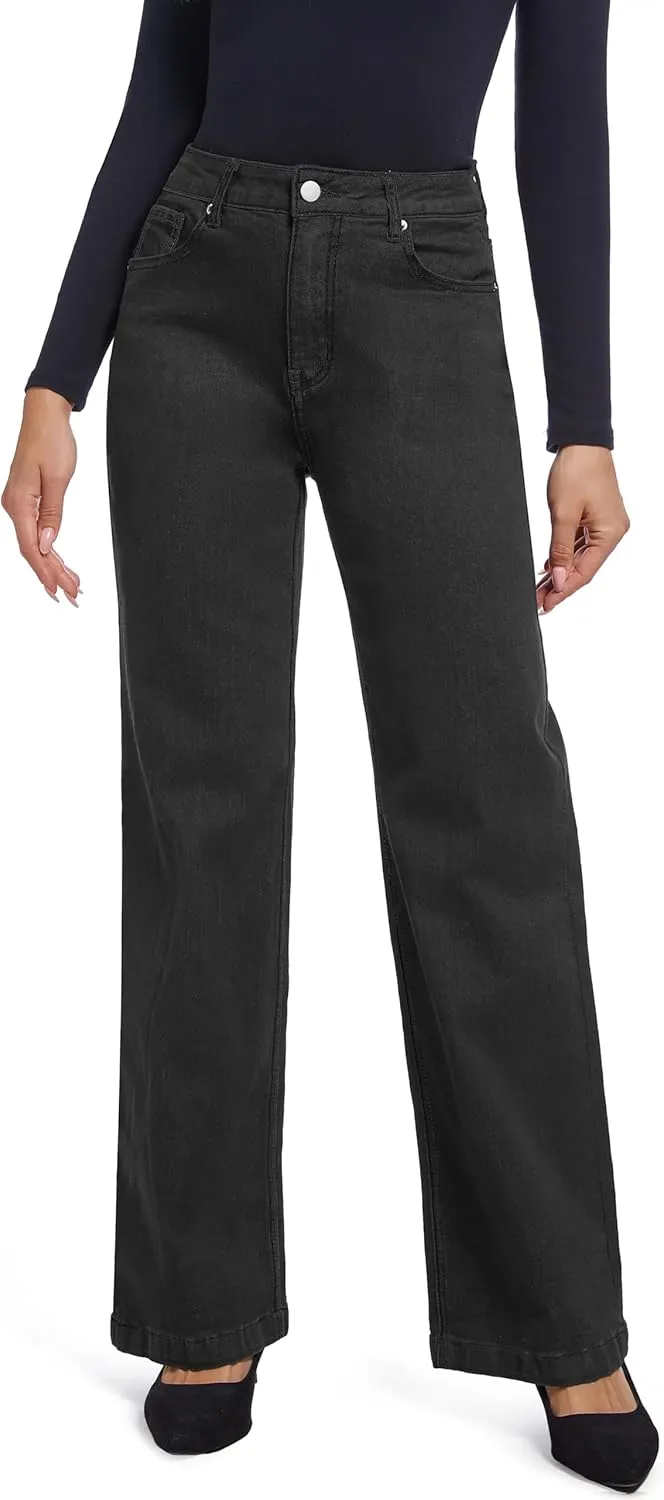 Women's Jeans Straight Leg Casual High Waisted Stretch Trendy Black Pull On Jeans for Women