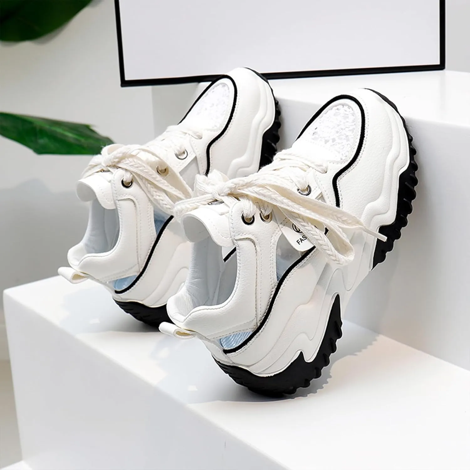 Women's Leather Hollow Increasing Platform Casual Sneakers Lace Up Non-Slip Shock Absorbing Heighten Hiking Shoes Summer Fashion Round Toe Breathable Dad Shoes