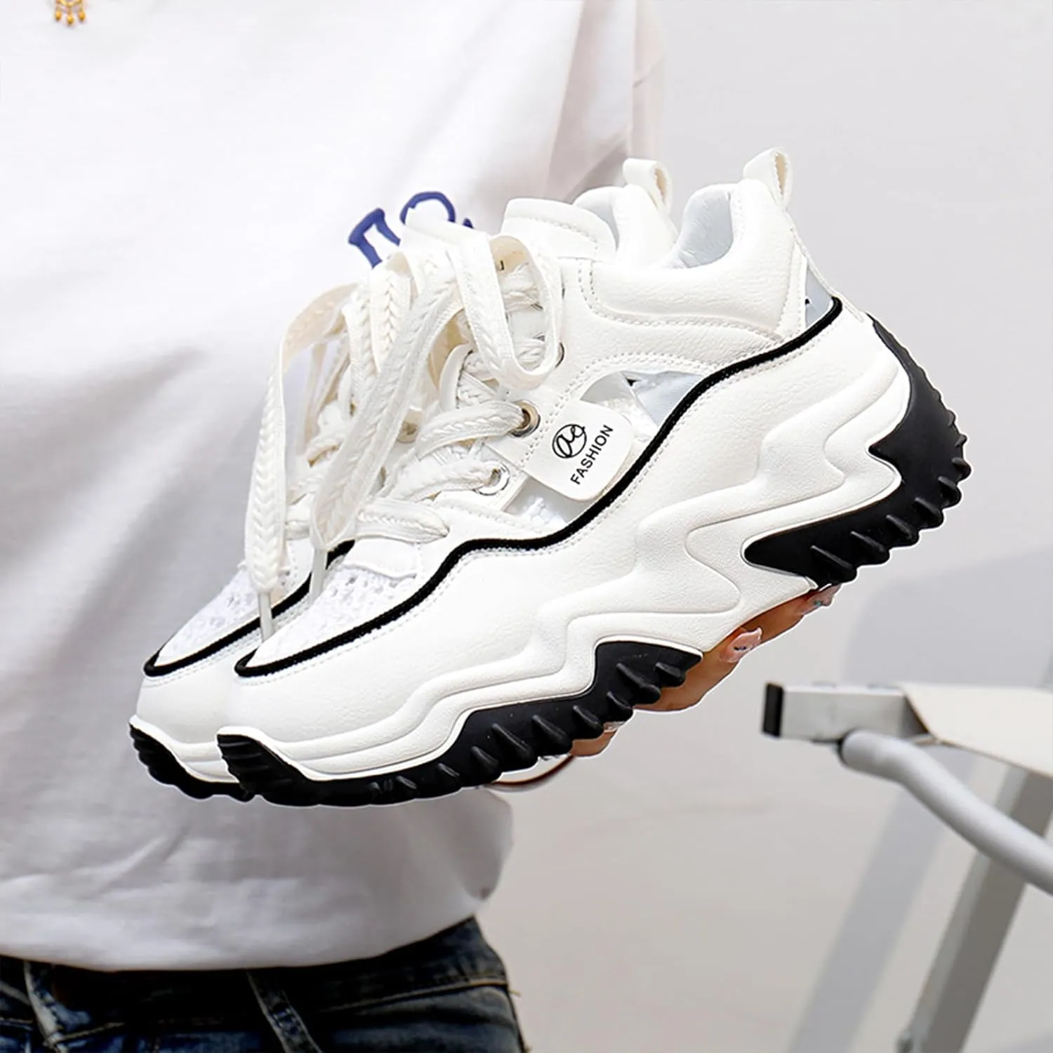 Women's Leather Hollow Increasing Platform Casual Sneakers Lace Up Non-Slip Shock Absorbing Heighten Hiking Shoes Summer Fashion Round Toe Breathable Dad Shoes