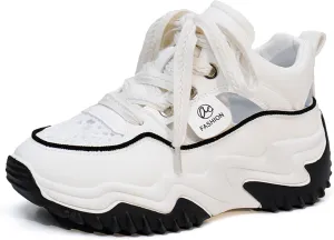 Women's Leather Hollow Increasing Platform Casual Sneakers Lace Up Non-Slip Shock Absorbing Heighten Hiking Shoes Summer Fashion Round Toe Breathable Dad Shoes