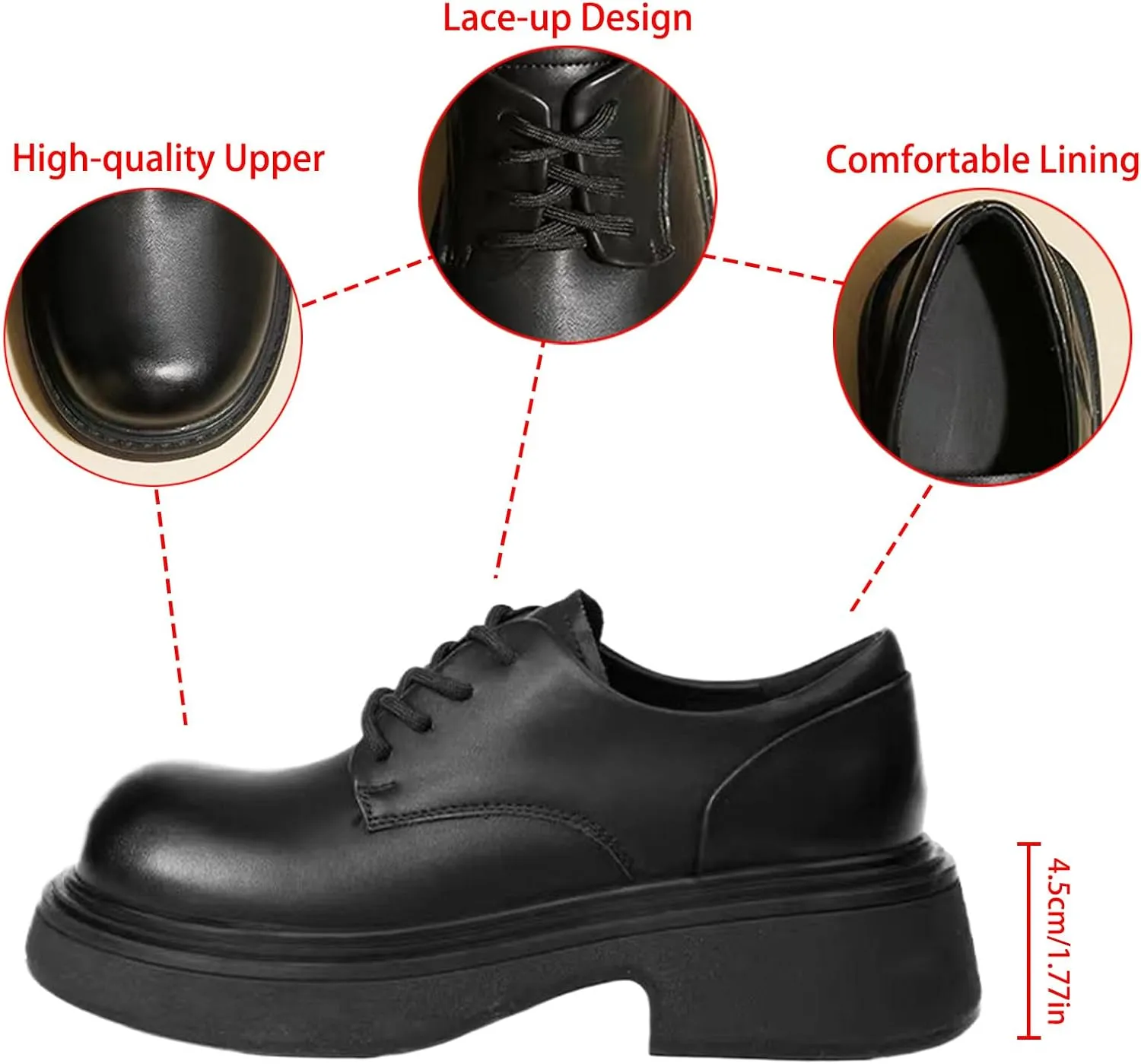 Women's Leather Wide Round Toe Platform Low Chunky Heel Oxfords Fashion Lace up Non Slip Heightening Block Heel Dress Loafers for Work Office Formal