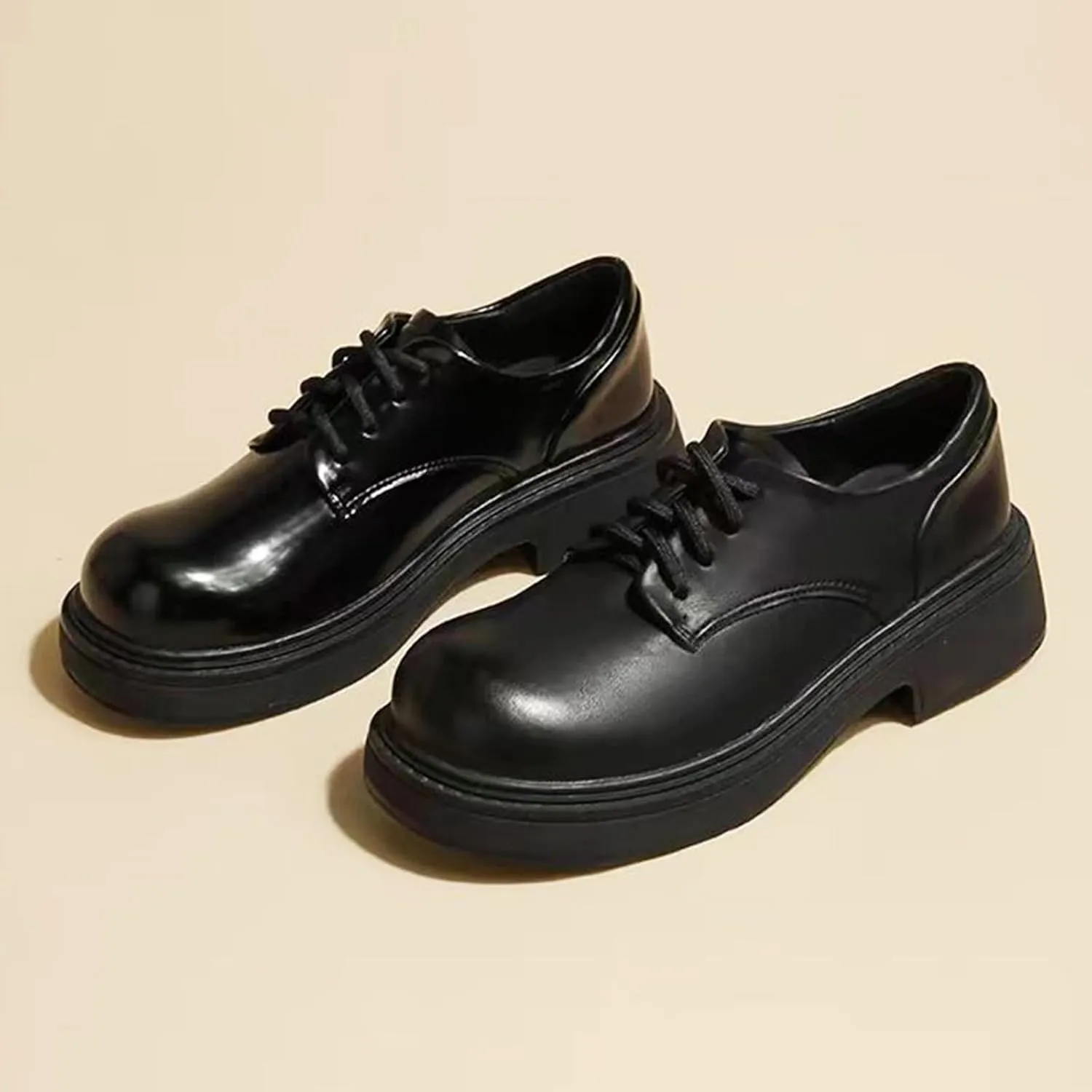Women's Leather Wide Round Toe Platform Low Chunky Heel Oxfords Fashion Lace up Non Slip Heightening Block Heel Dress Loafers for Work Office Formal