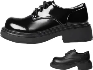 Women's Leather Wide Round Toe Platform Low Chunky Heel Oxfords Fashion Lace up Non Slip Heightening Block Heel Dress Loafers for Work Office Formal