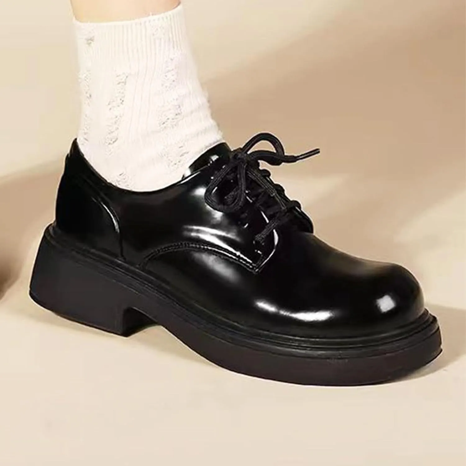 Women's Leather Wide Round Toe Platform Low Chunky Heel Oxfords Fashion Lace up Non Slip Heightening Block Heel Dress Loafers for Work Office Formal