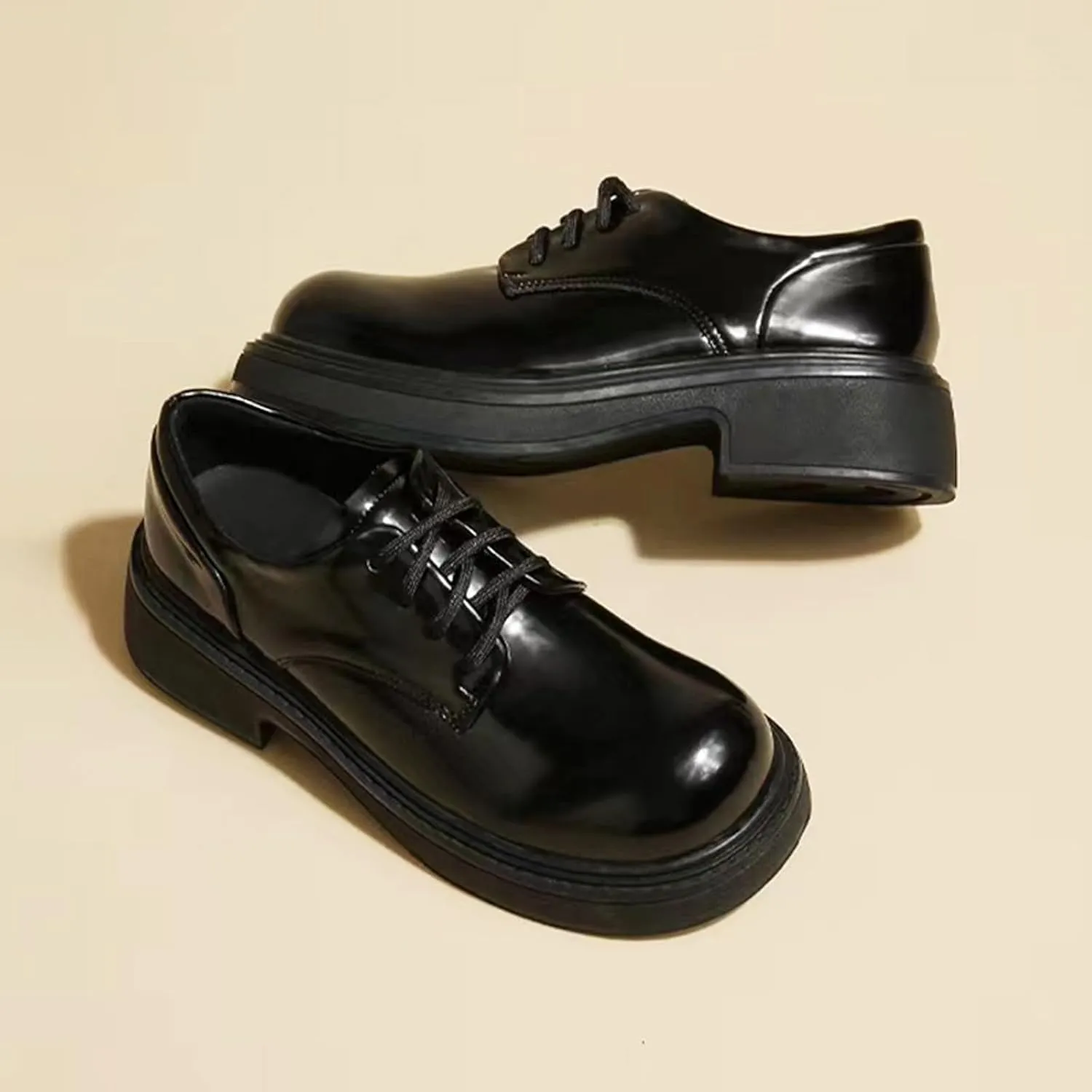 Women's Leather Wide Round Toe Platform Low Chunky Heel Oxfords Fashion Lace up Non Slip Heightening Block Heel Dress Loafers for Work Office Formal