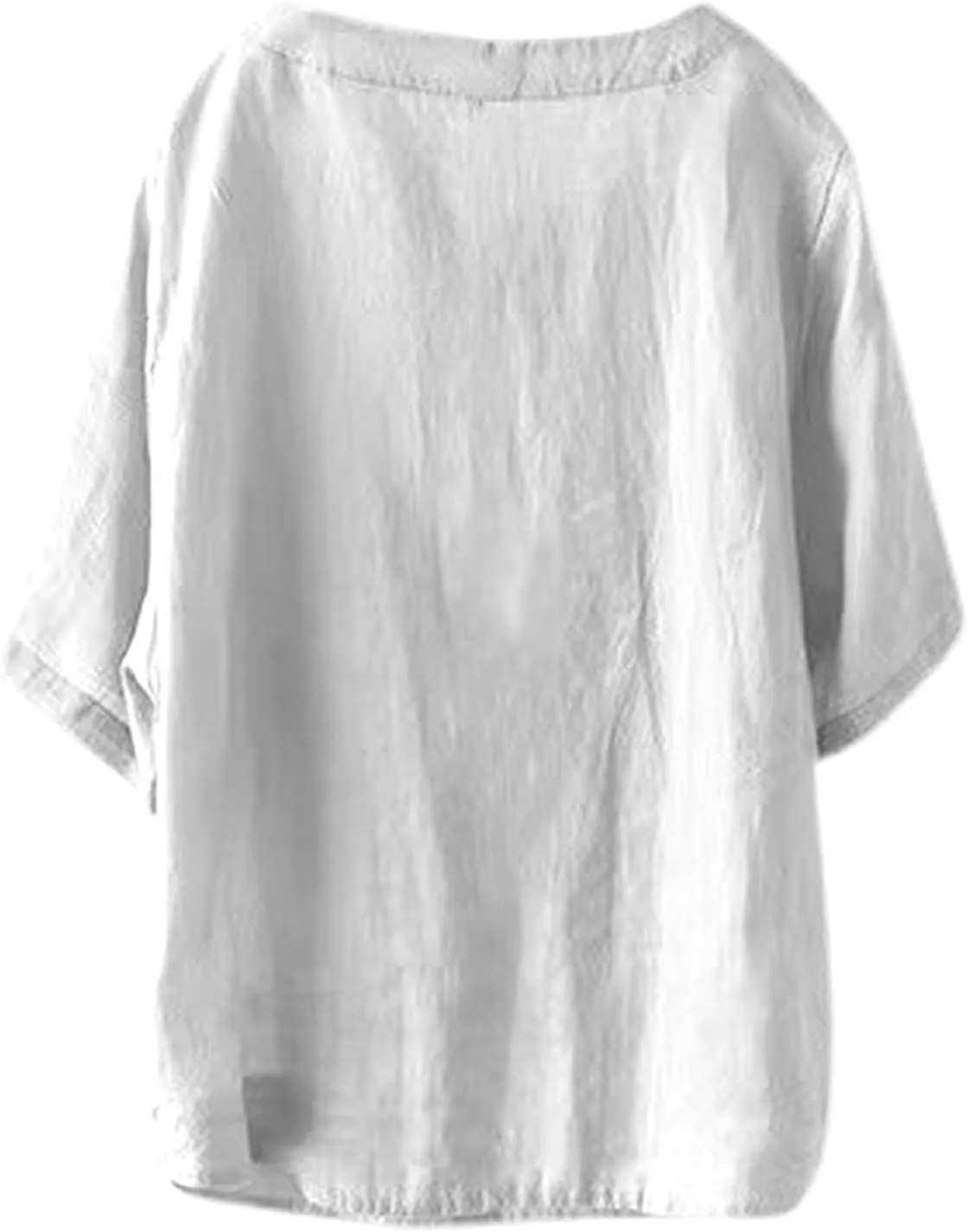 Women's Linen Shirts 2025 Summer Batwing Half Sleeve Linen Shirts Plus Size Crewneck Blouse Solid Color Basic Top