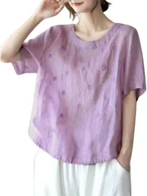 Women's Linen Shirts 2025 Summer Batwing Half Sleeve Linen Shirts Plus Size Crewneck Blouse Solid Color Basic Top