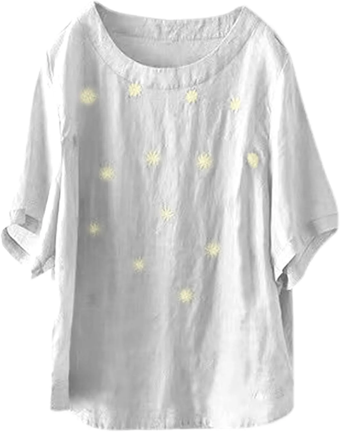 Women's Linen Shirts 2025 Summer Batwing Half Sleeve Linen Shirts Plus Size Crewneck Blouse Solid Color Basic Top