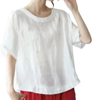 Women's Linen Shirts 2025 Summer Batwing Half Sleeve Linen Shirts Plus Size Crewneck Blouse Solid Color Basic Top