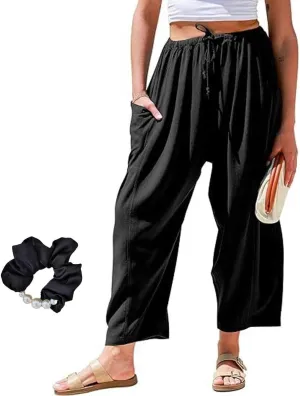 Women's Linen Wide Leg Pants with Pockets, Comfort Lounge Sweatpants, Summer Loose Palazzo Harem Trousers(Black,XXX-Large)