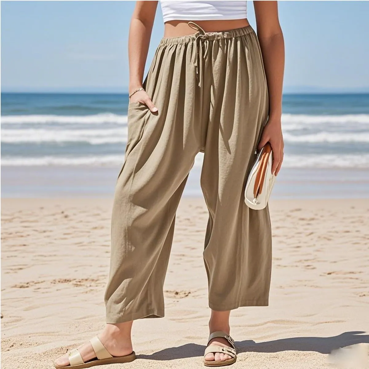 Women's Linen Wide Leg Pants with Pockets, Comfort Lounge Sweatpants, Summer Loose Palazzo Harem Trousers(Black,XXX-Large)