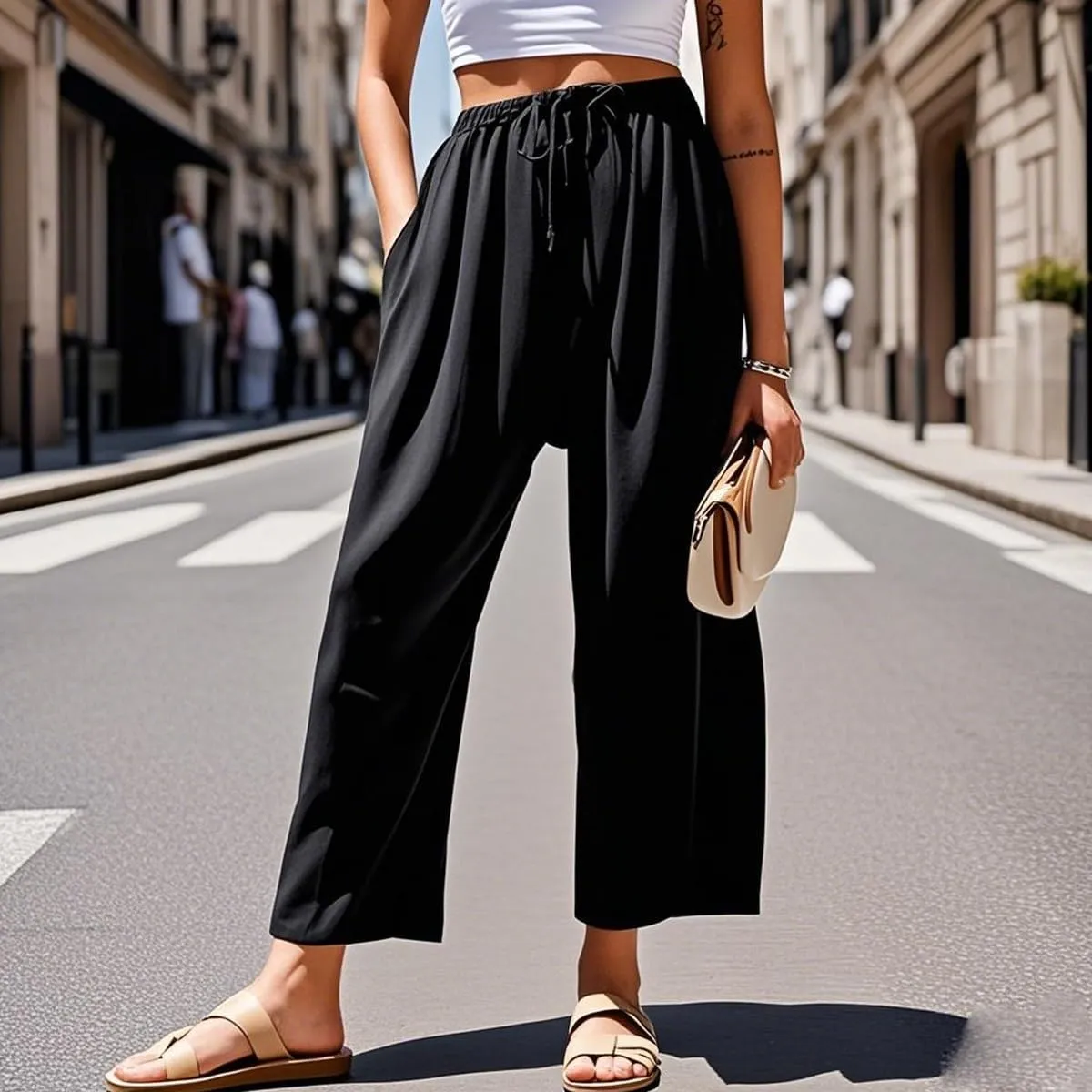 Women's Linen Wide Leg Pants with Pockets, Comfort Lounge Sweatpants, Summer Loose Palazzo Harem Trousers(Black,XXX-Large)