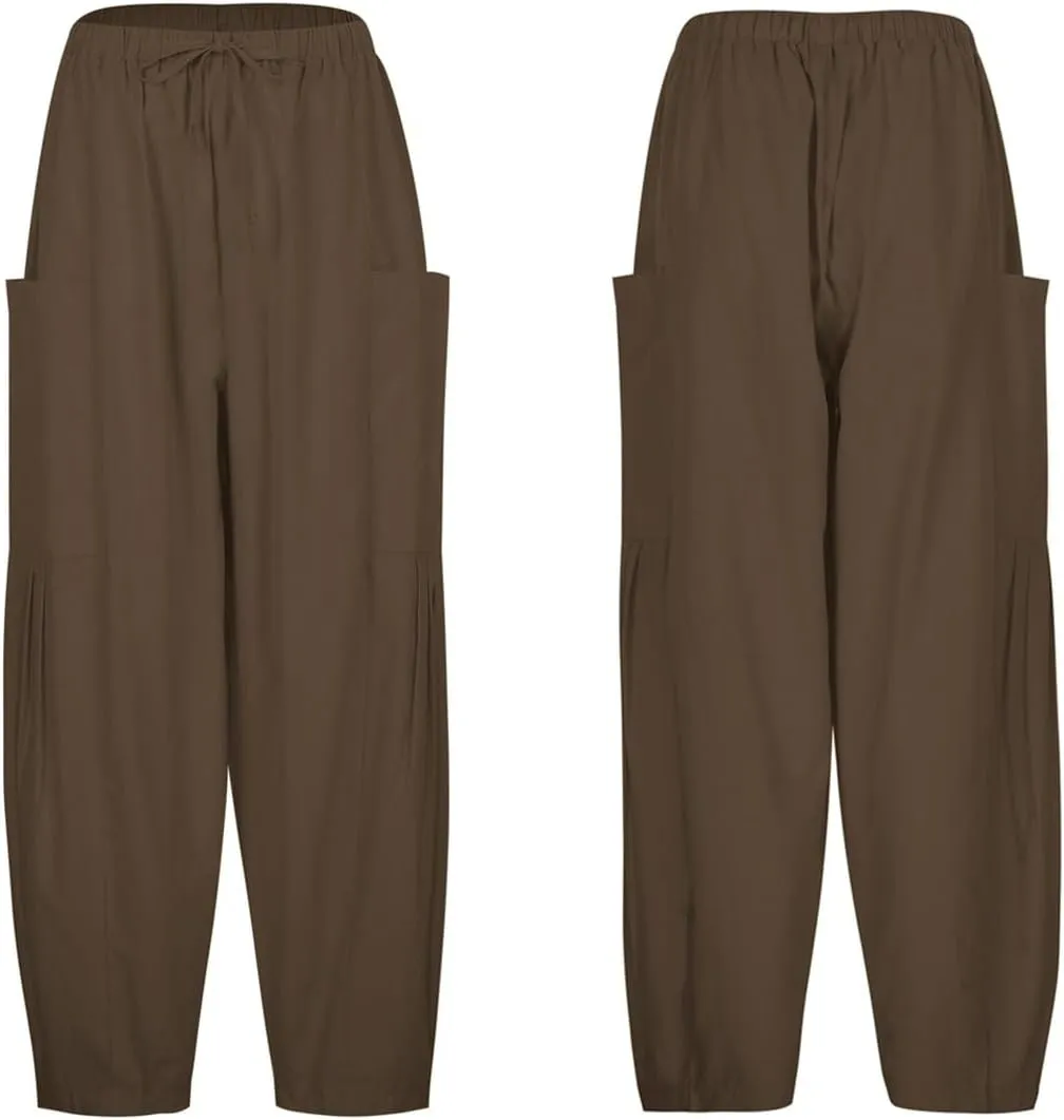Women's Linen Wide Leg Pants with Pockets, Comfort Lounge Sweatpants, Summer Loose Palazzo Harem Trousers(Black,XXX-Large)
