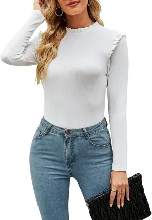 Womens Long Sleeve Bodysuits Stand Collar Slim Fit Frilled Ruffles Shoulder Ribbed Leotards Tops