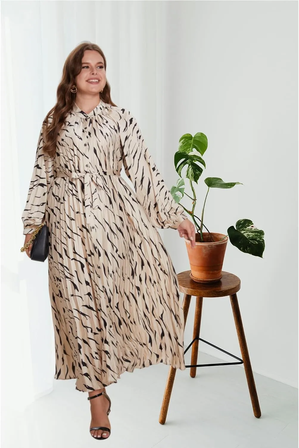 Women's Long Sleeve Maxi Dress Print Flowy Spring Fall Button Down with Belt Cocktail Wedding