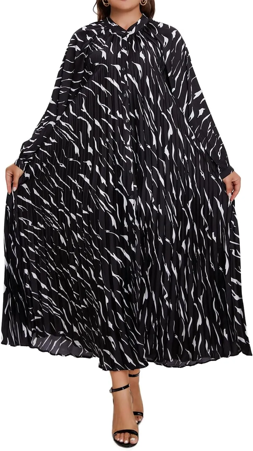 Women's Long Sleeve Maxi Dress Print Flowy Spring Fall Button Down with Belt Cocktail Wedding