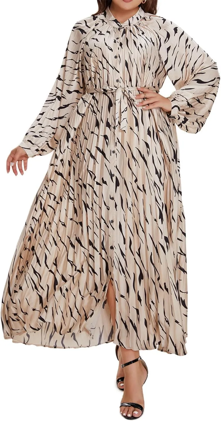Women's Long Sleeve Maxi Dress Print Flowy Spring Fall Button Down with Belt Cocktail Wedding