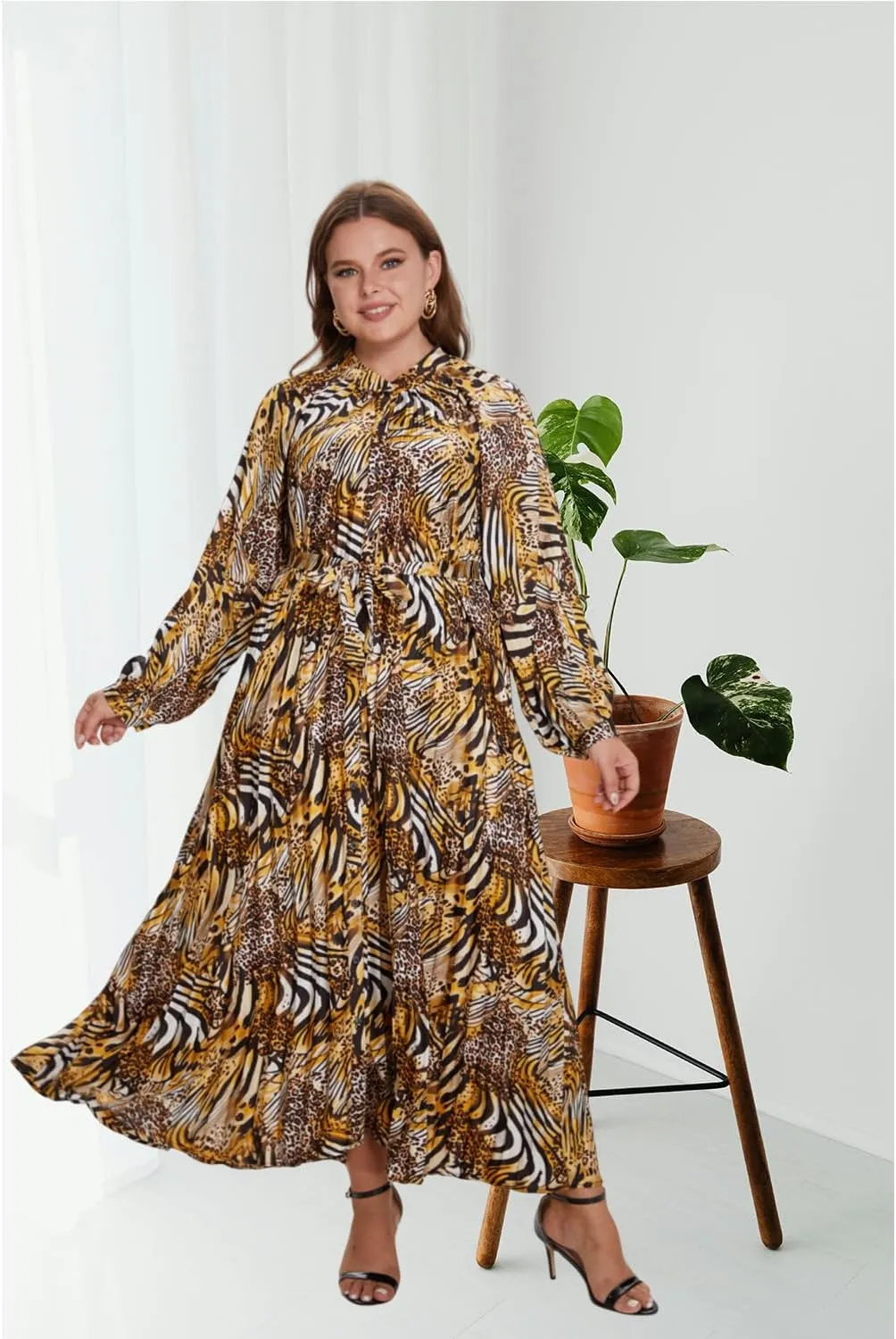 Women's Long Sleeve Maxi Dress Print Flowy Spring Fall Button Down with Belt Cocktail Wedding