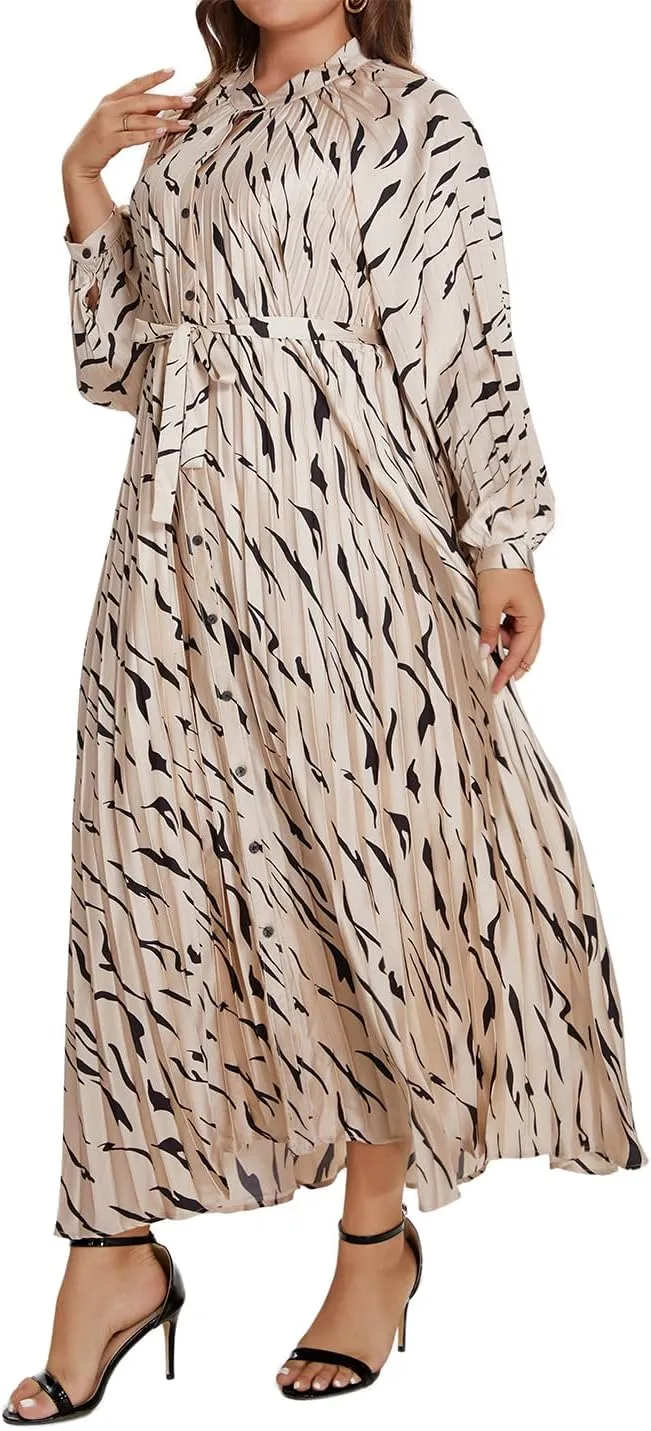 Women's Long Sleeve Maxi Dress Print Flowy Spring Fall Button Down with Belt Cocktail Wedding