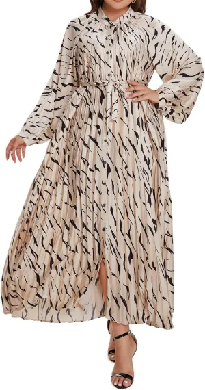 Women's Long Sleeve Maxi Dress Print Flowy Spring Fall Button Down with Belt Cocktail Wedding