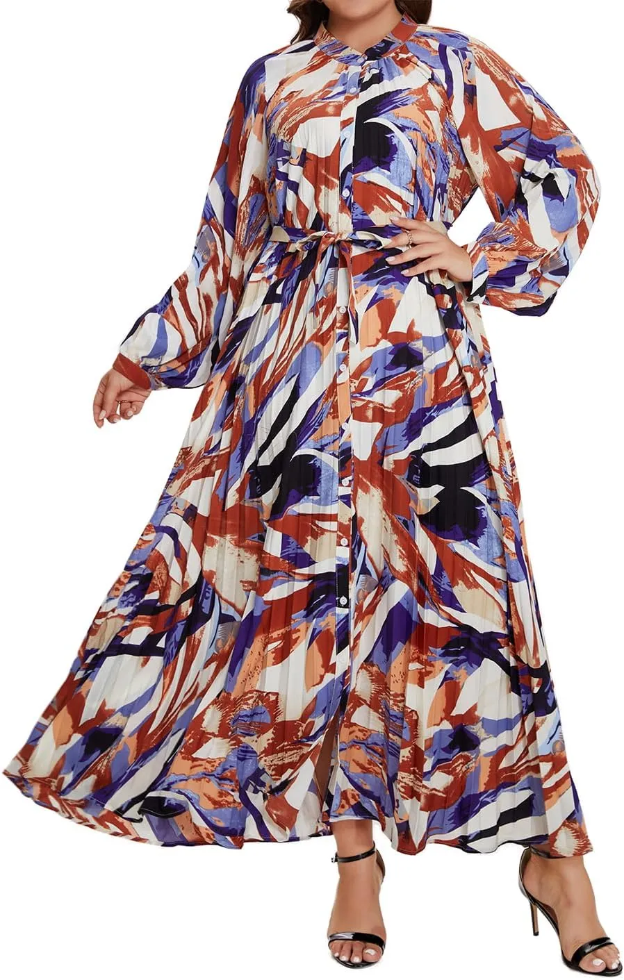 Women's Long Sleeve Maxi Dress Print Flowy Spring Fall Button Down with Belt Cocktail Wedding