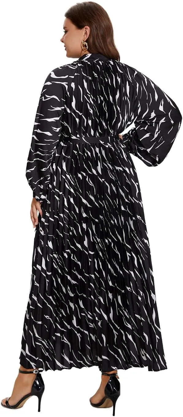 Women's Long Sleeve Maxi Dress Print Flowy Spring Fall Button Down with Belt Cocktail Wedding