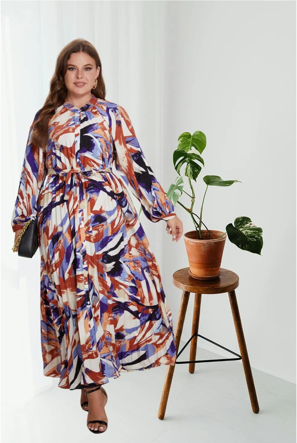 Women's Long Sleeve Maxi Dress Print Flowy Spring Fall Button Down with Belt Cocktail Wedding