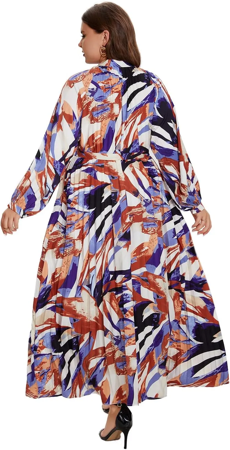 Women's Long Sleeve Maxi Dress Print Flowy Spring Fall Button Down with Belt Cocktail Wedding