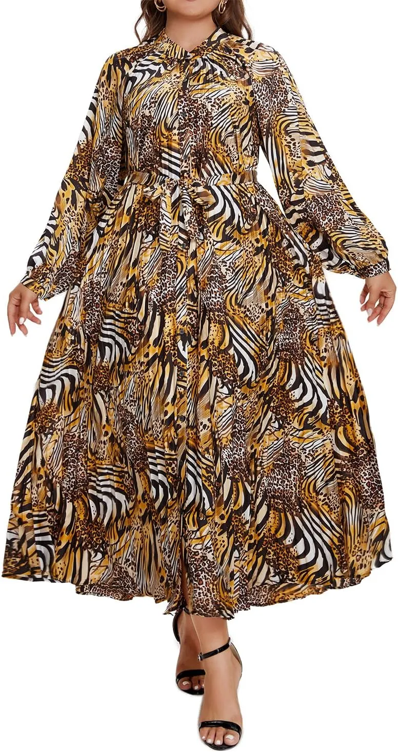 Women's Long Sleeve Maxi Dress Print Flowy Spring Fall Button Down with Belt Cocktail Wedding