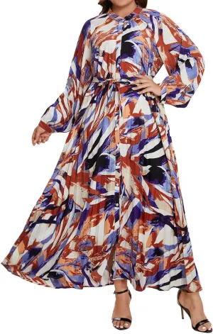 Women's Long Sleeve Maxi Dress Print Flowy Spring Fall Button Down with Belt Cocktail Wedding