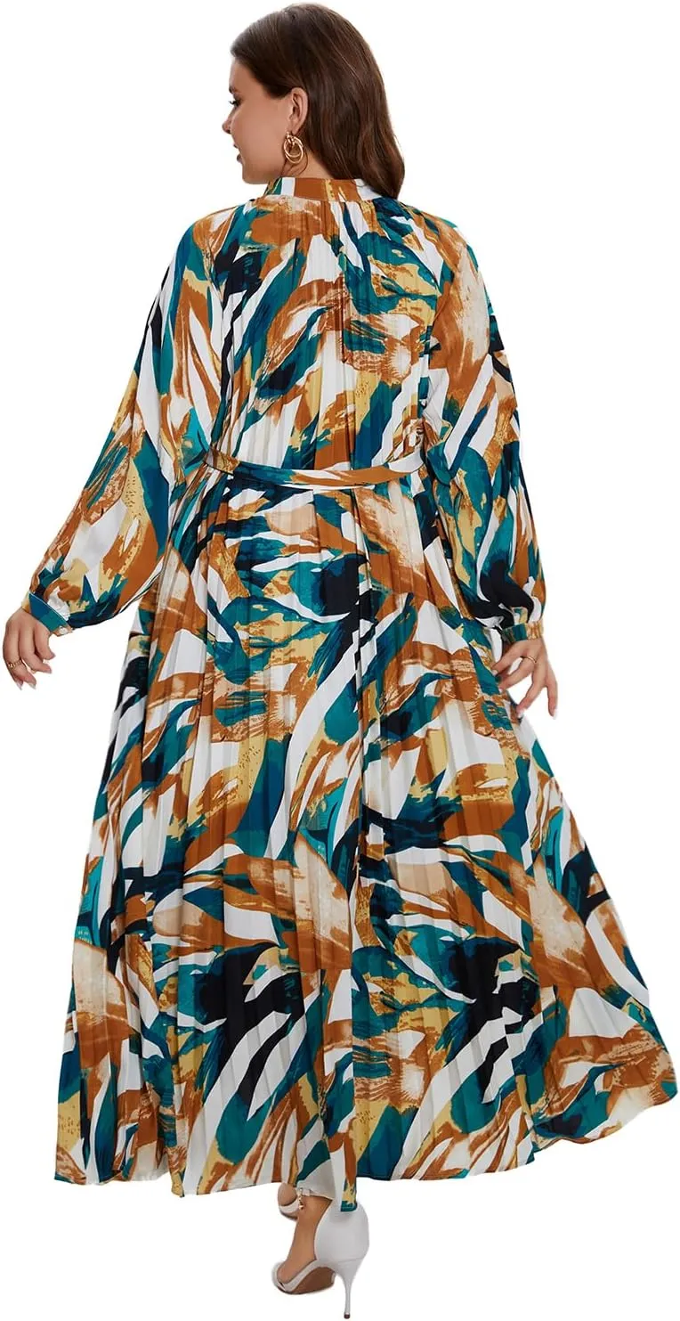 Women's Long Sleeve Maxi Dress Print Flowy Spring Fall Button Down with Belt Cocktail Wedding