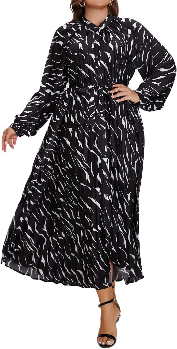 Women's Long Sleeve Maxi Dress Print Flowy Spring Fall Button Down with Belt Cocktail Wedding
