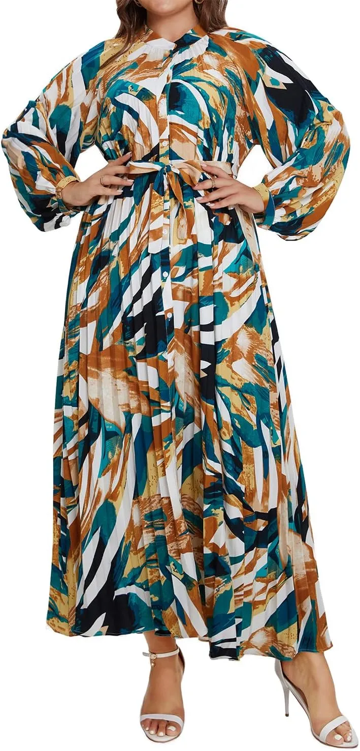 Women's Long Sleeve Maxi Dress Print Flowy Spring Fall Button Down with Belt Cocktail Wedding
