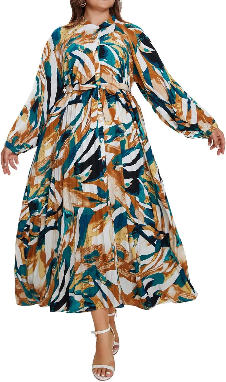 Women's Long Sleeve Maxi Dress Print Flowy Spring Fall Button Down with Belt Cocktail Wedding