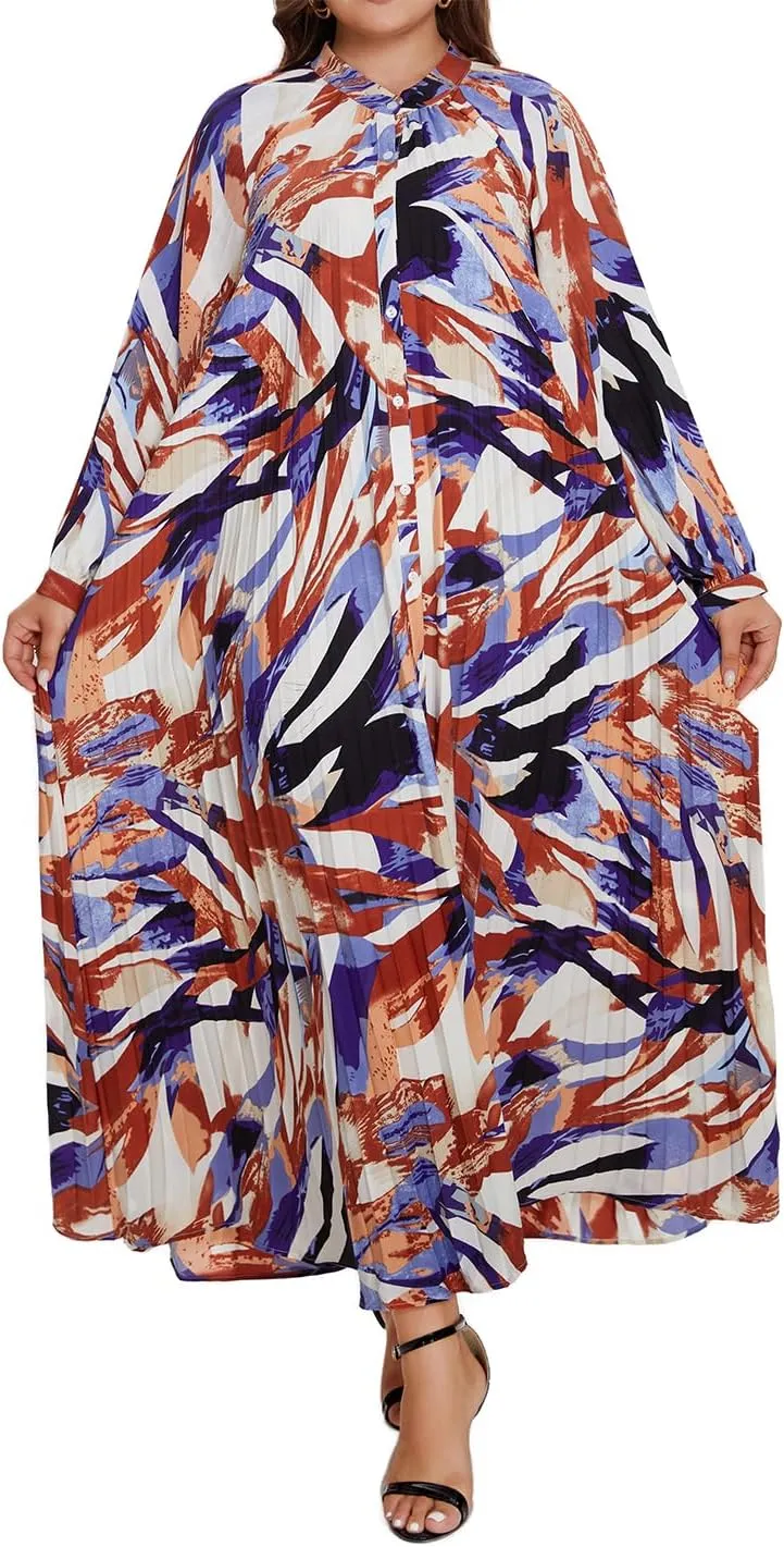 Women's Long Sleeve Maxi Dress Print Flowy Spring Fall Button Down with Belt Cocktail Wedding