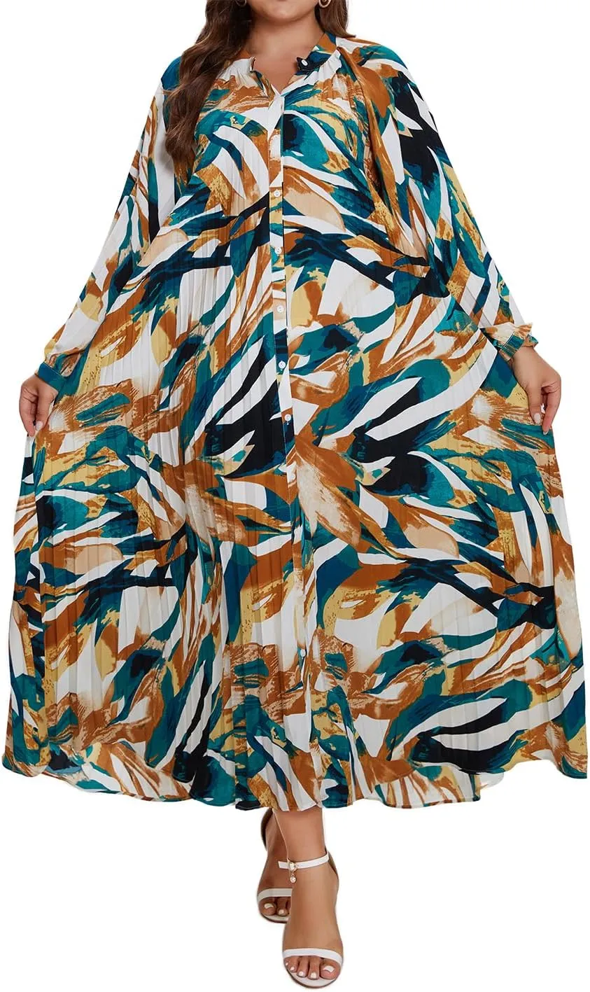 Women's Long Sleeve Maxi Dress Print Flowy Spring Fall Button Down with Belt Cocktail Wedding