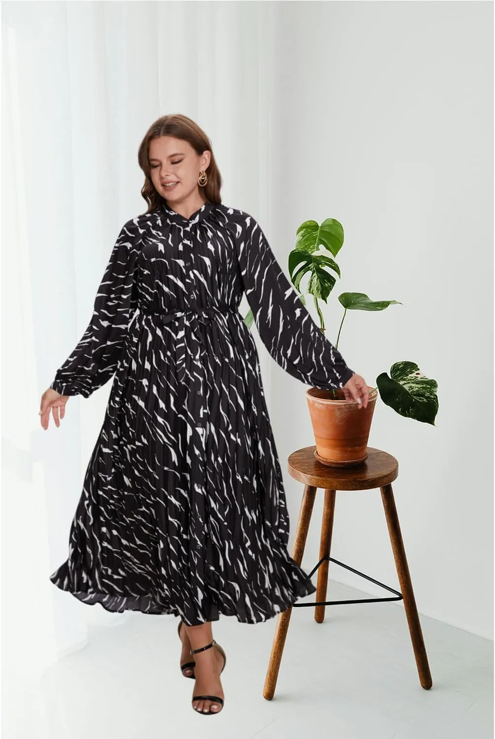 Women's Long Sleeve Maxi Dress Print Flowy Spring Fall Button Down with Belt Cocktail Wedding