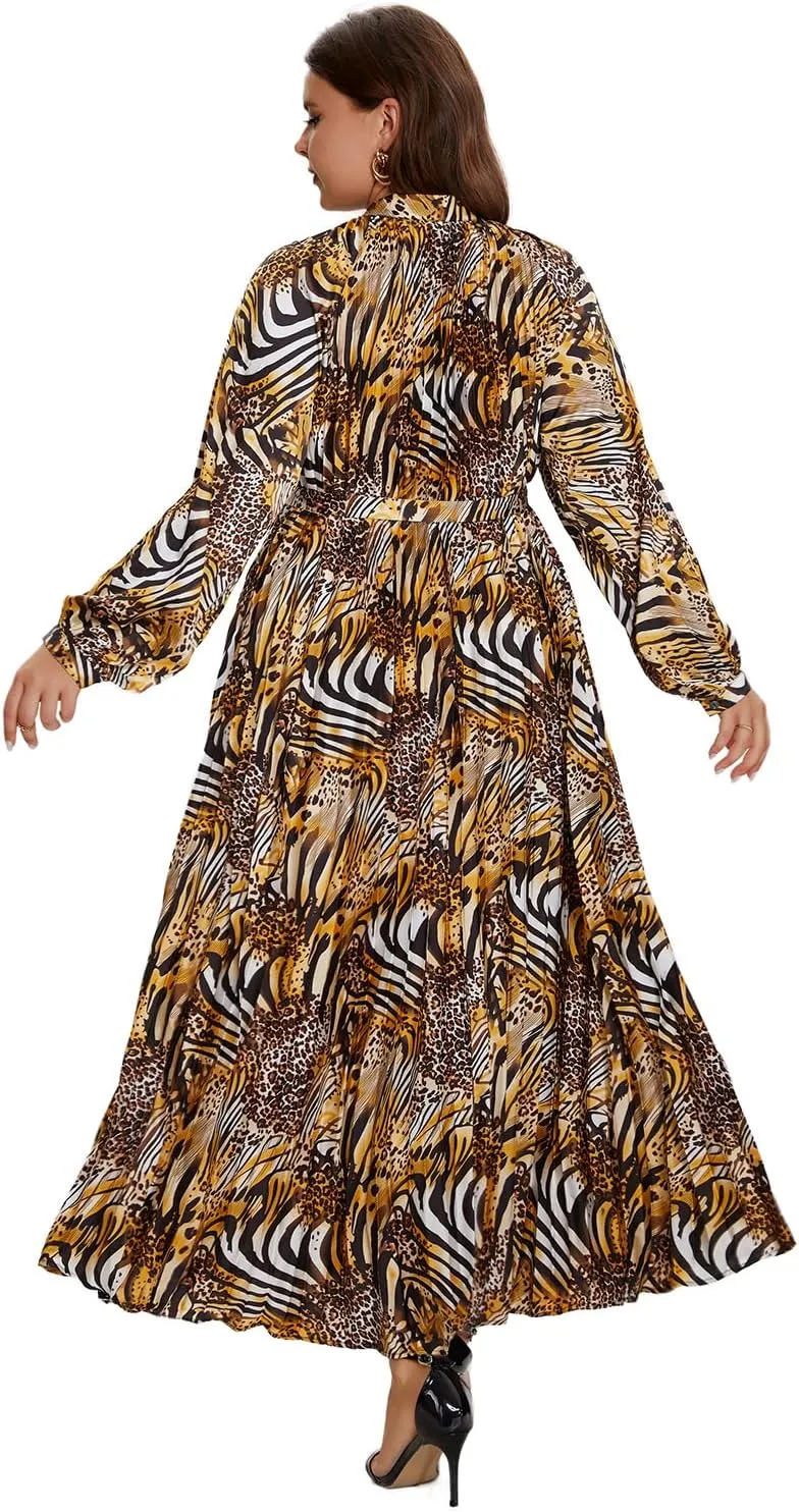 Women's Long Sleeve Maxi Dress Print Flowy Spring Fall Button Down with Belt Cocktail Wedding