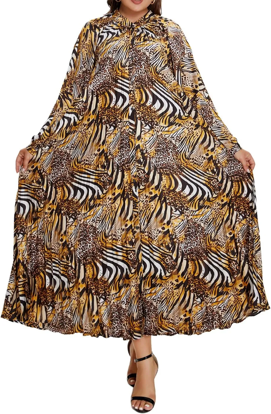 Women's Long Sleeve Maxi Dress Print Flowy Spring Fall Button Down with Belt Cocktail Wedding
