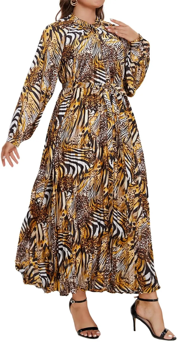 Women's Long Sleeve Maxi Dress Print Flowy Spring Fall Button Down with Belt Cocktail Wedding