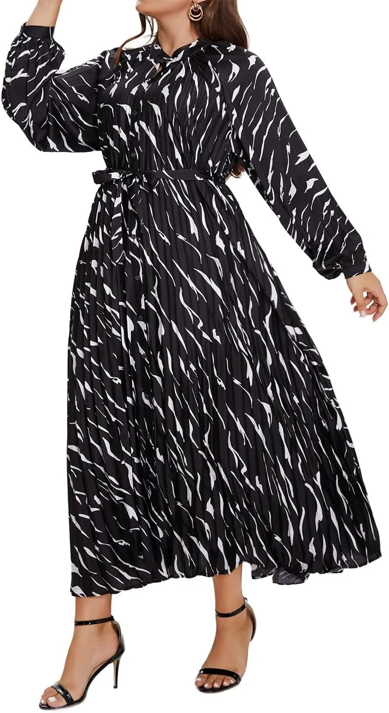 Women's Long Sleeve Maxi Dress Print Flowy Spring Fall Button Down with Belt Cocktail Wedding