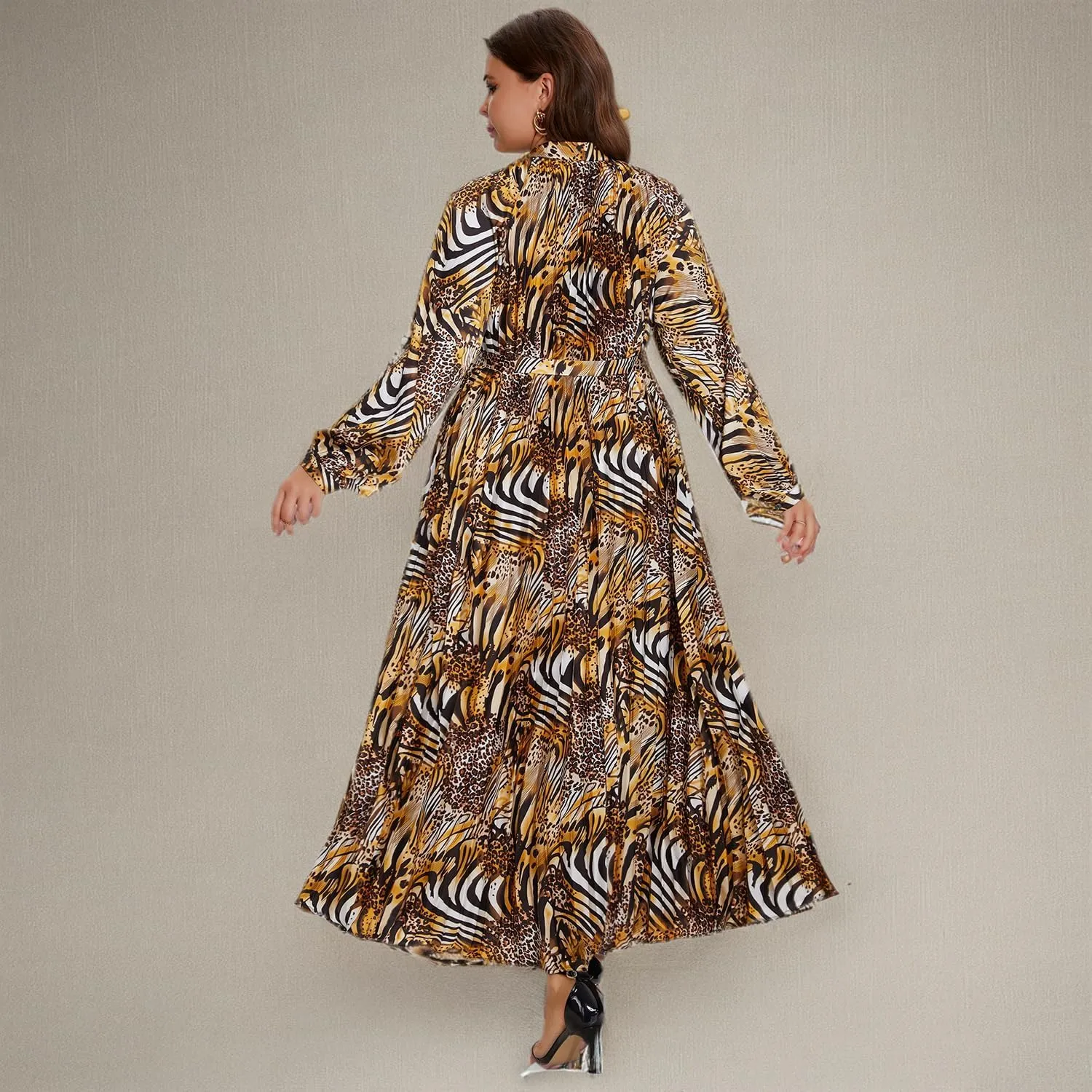 Women's Long Sleeve Maxi Dress Print Flowy Spring Fall Button Down with Belt Cocktail Wedding