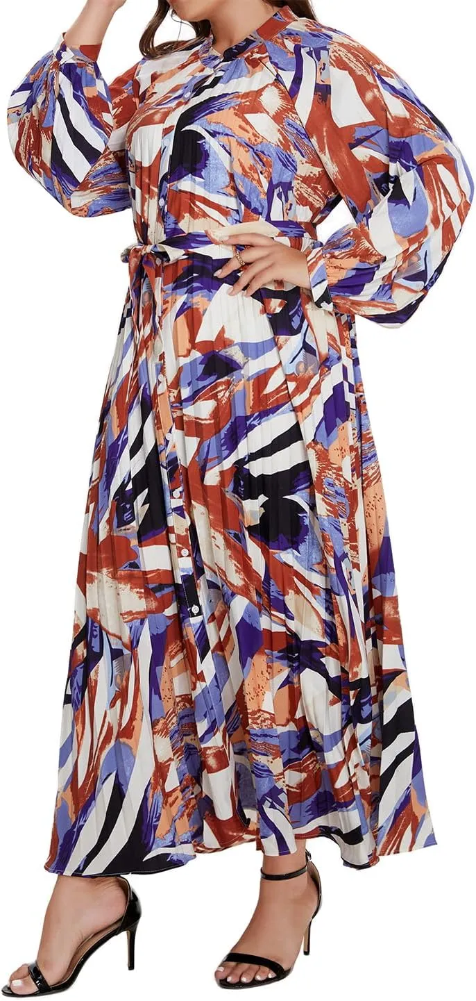 Women's Long Sleeve Maxi Dress Print Flowy Spring Fall Button Down with Belt Cocktail Wedding