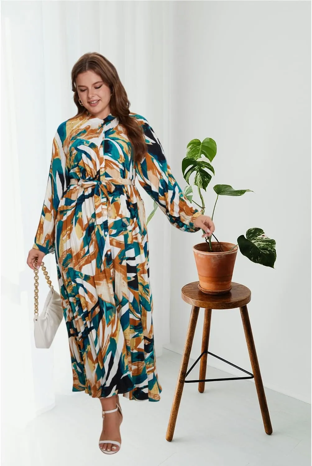 Women's Long Sleeve Maxi Dress Print Flowy Spring Fall Button Down with Belt Cocktail Wedding