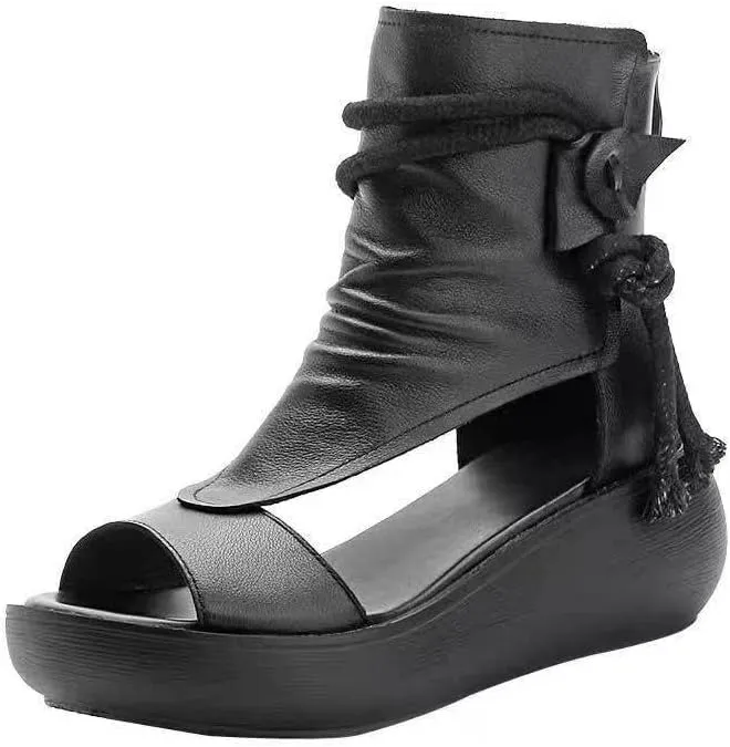 Women's Platform Outdoor Sandal Boots Wedge Bottom Fashion High Top Sandals Open Toe Boot Sandals for Women (Black,9-9.5)