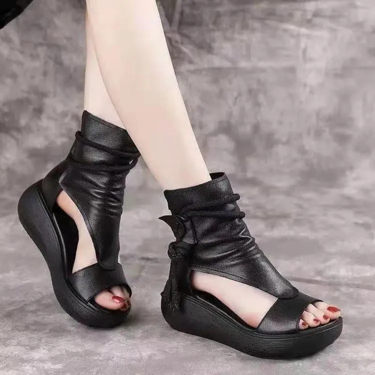 Women's Platform Outdoor Sandal Boots Wedge Bottom Fashion High Top Sandals Open Toe Boot Sandals for Women (Black,9-9.5)